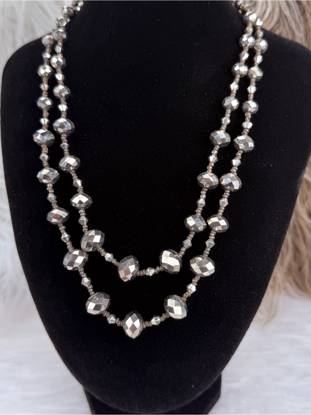 Faceted Metallic Bead Double Strand Necklace Layered Statement Jewelry